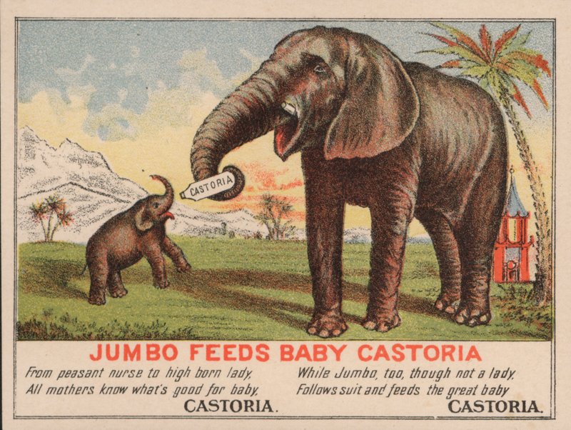Jumbo mater babyen Castoria, reklame for Fletchers Castoria-medisin, med P T Barnums berømte sirkuselefant av American School