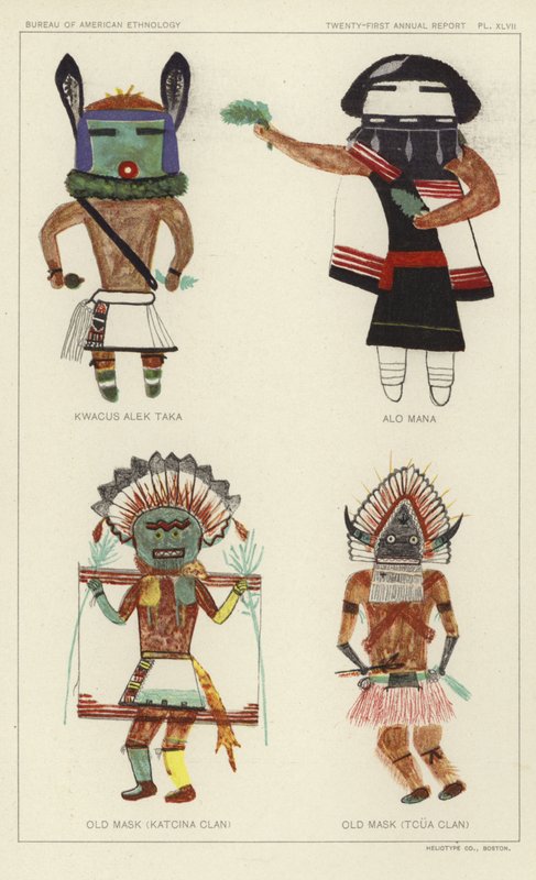 Kwacus Alek Taka, Alo Mana, Gammel maske (Katcina Clan), Gammel maske (Tcua Clan) (farge litho) av American School
