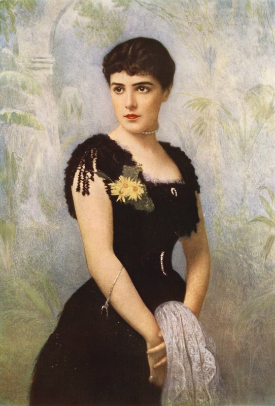 Lady Randolph Spencer-Churchill, født frøken Jennie Jerome fra New York, som giftet seg med Lord Randolph Spencer-Churchill (farge litho) av American School