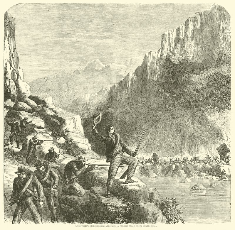Longstreets skarpskyttere angriper et føderalt tog over Chattanooga, oktober 1863 av American School