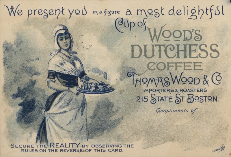 Hushjelp som serverer kaffe, reklame for Woods Duchess Coffee, Boston av American School