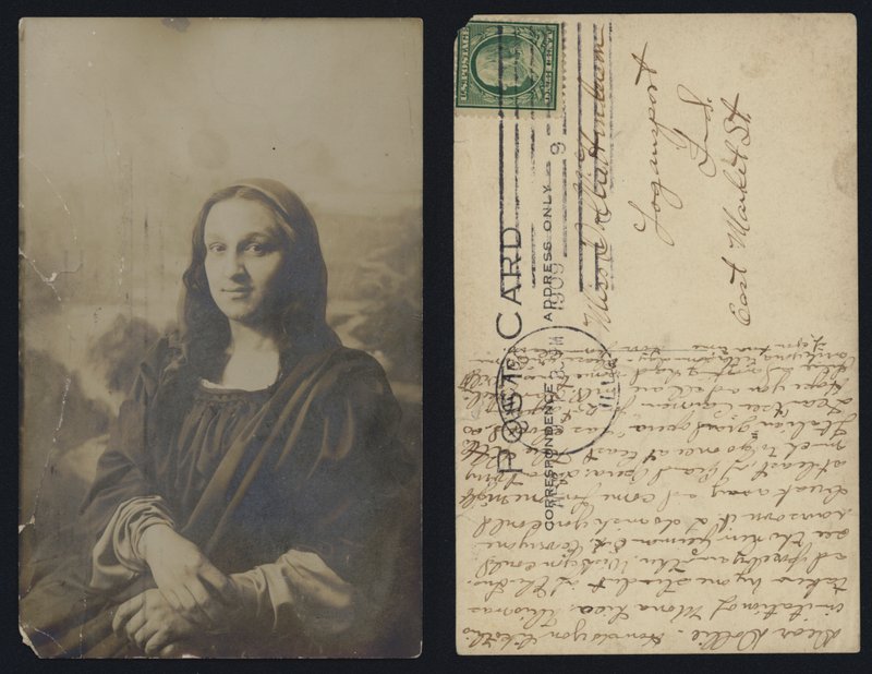 Mannlig Mona Lisa-postkort sendt i USA av American School