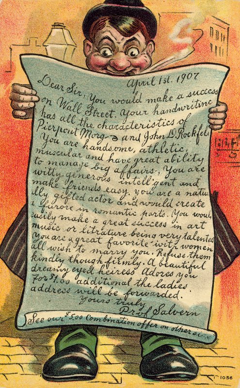 Mann som leser et flatterende brev om karrieremulighetene sine (fargelitografi) av American School