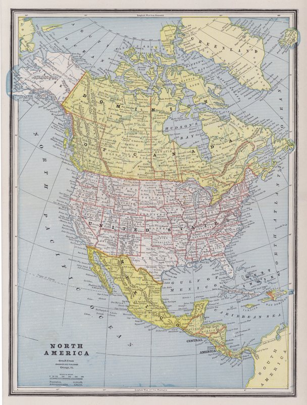 Kart over Nord-Amerika (farget gravering) av American School