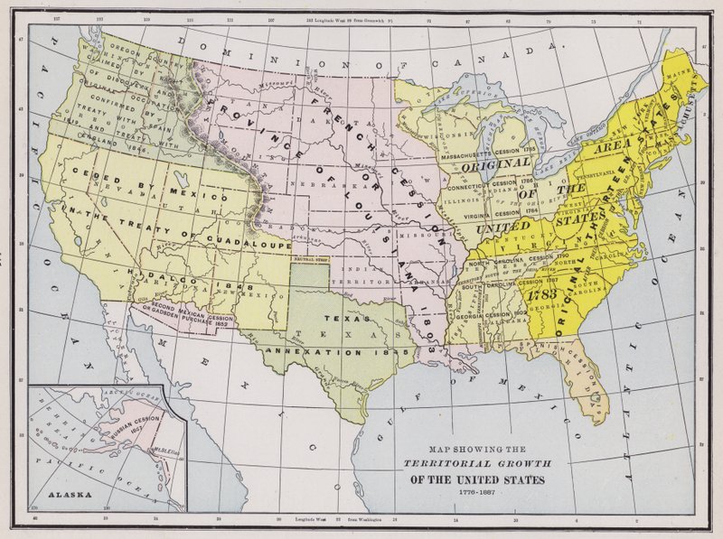 Kart som viser den territorielle veksten i USA (farget gravering) av American School