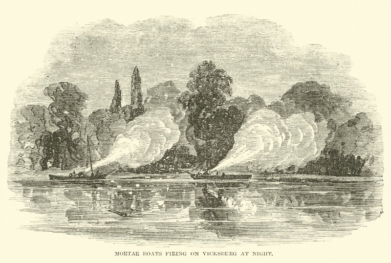 Mørtelbåter som skyter mot Vicksburg om natten, juli 1862 av American School