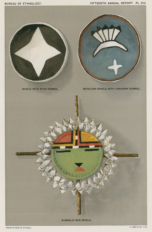 Indianerskjold - skjold med stjernesymbol, Soyaluna-skjold med ukjent symbol, symbolsk solskjold av American School