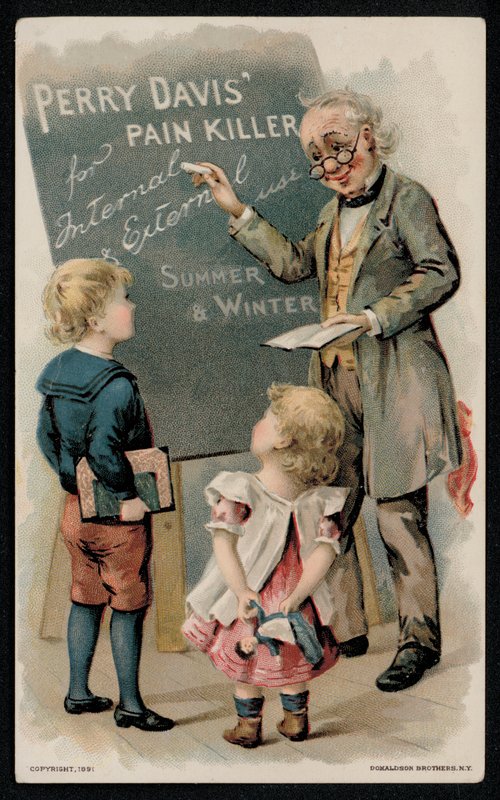 Perry Davis smertestillende middel, reklame fra midten av 1800-tallet (chromolitho) av American School