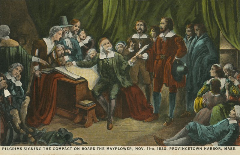 Pilegrimer signerer kontrakten om bord på Mayflower, Princetown Harbour, Massachusetts av American School