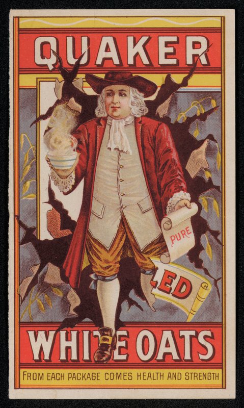 Quaker Oats, reklame sent på 1800- eller begynnelsen av 1900-tallet (chromolitho) av American School