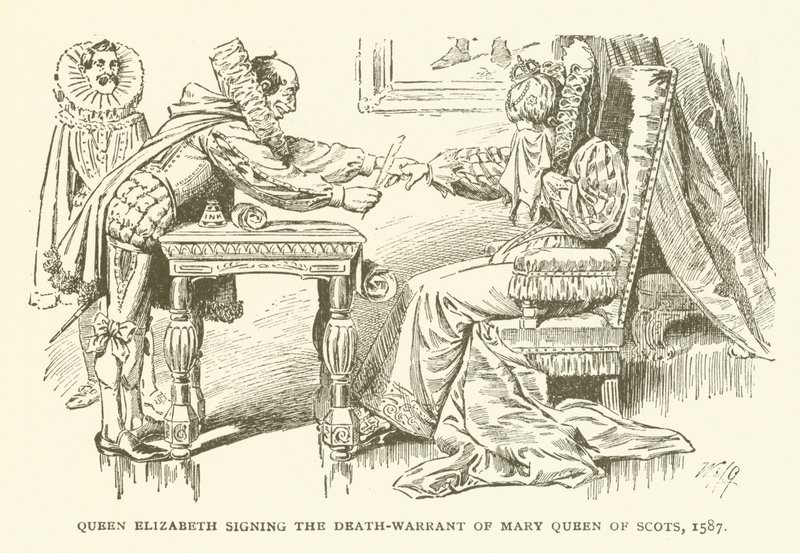 Dronning Elizabeth signerer dødsordren til Mary Queen of Scots, 1587 av American School