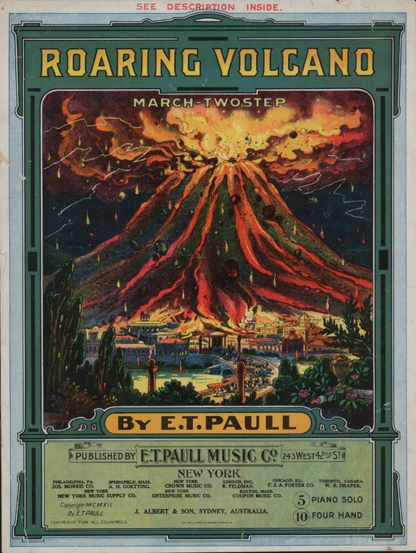 Brølende vulkan (fargelitografi) av American School
