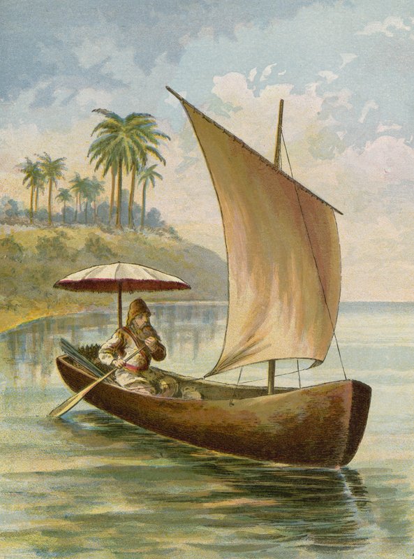 Robinson Crusoe seiler i båten sin av American School