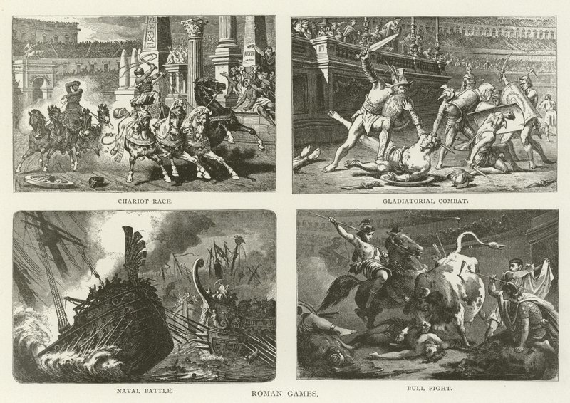 Roman Games, Chariot Race, Gladiatorial Combat, Naval Battle, Bull Fight av American School