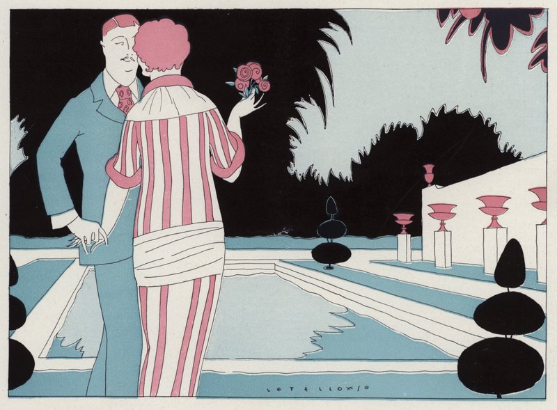 Romantisk par som holder hender ved bassenget, en scene fra novellen Prospective Honeymooners av JA Waldron (fargelitografi) av American School
