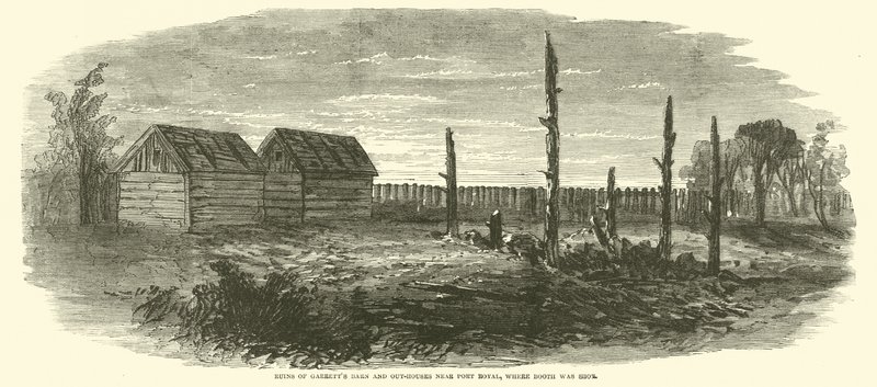Ruinene av Garretts Barn and Out-houses nær Port Royal, der Booth ble skutt, april 1865 av American School