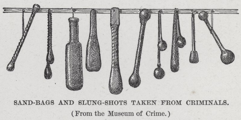 Sand-sekker og Slung-Shots tatt fra kriminelle (litho) av American School