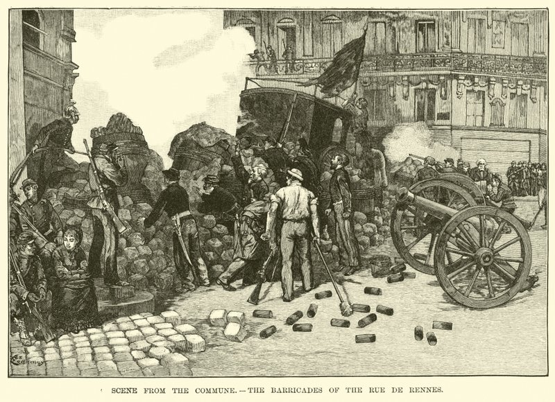 Scene fra kommunen, barrikadene i Rue de Rennes av American School