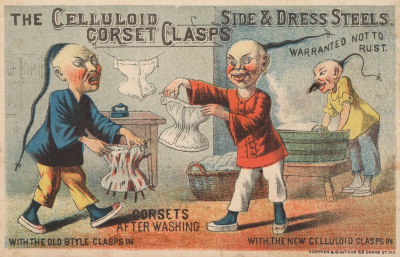 Scene i et kinesisk vaskeri, reklame for celluloidkorsettspenner av American School