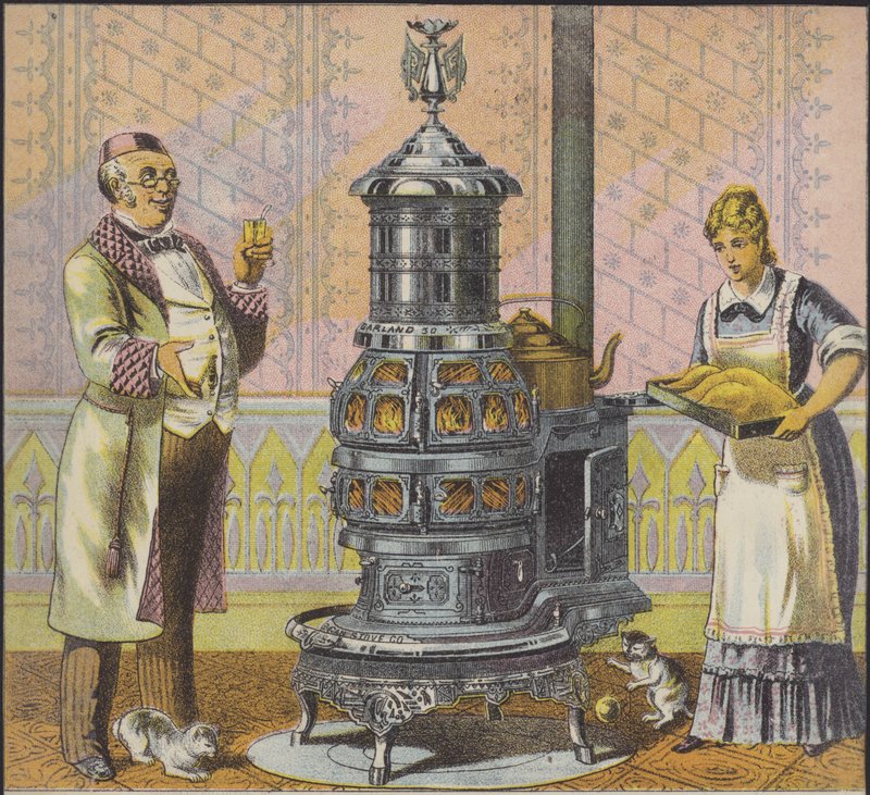 Tjener setter kalkun inn i en stor komfyr, mens herren i huset ser på (chromolitho) av American School