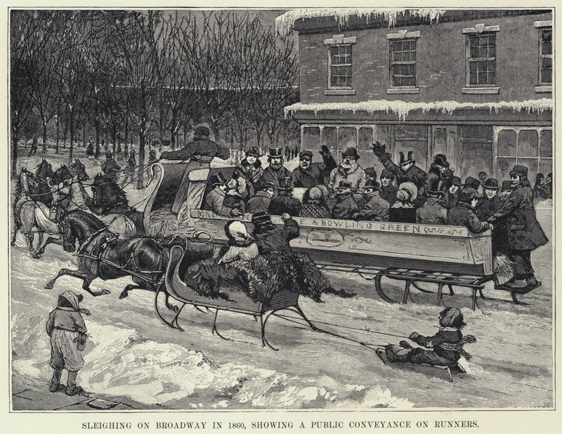 Slede på Broadway i 1860, viser en offentlig transport på løpere (litho) av American School