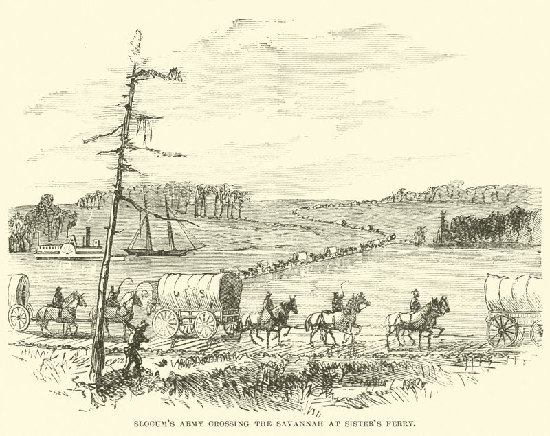 Slocums-hæren krysser Savannah ved Sisters Ferry, januar 1865 av American School