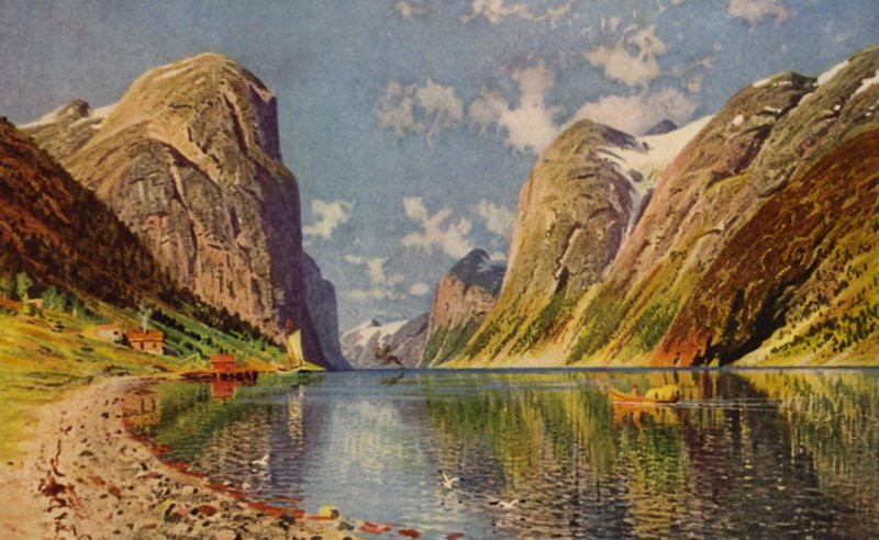Sognefjorden på Norges kyst (farge litho) av American School