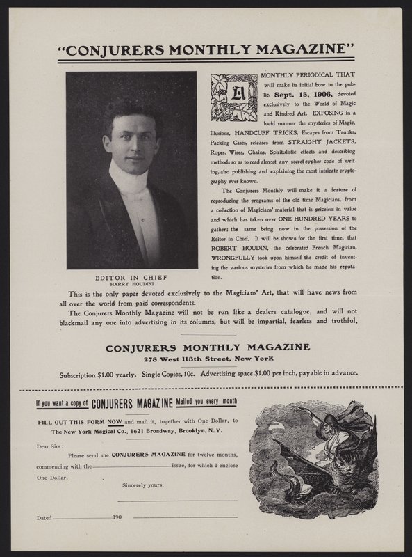 Abonnementsskjema for Conjurers Monthly Magazine, sjefredaktør Harry Houdini (litho) av American School