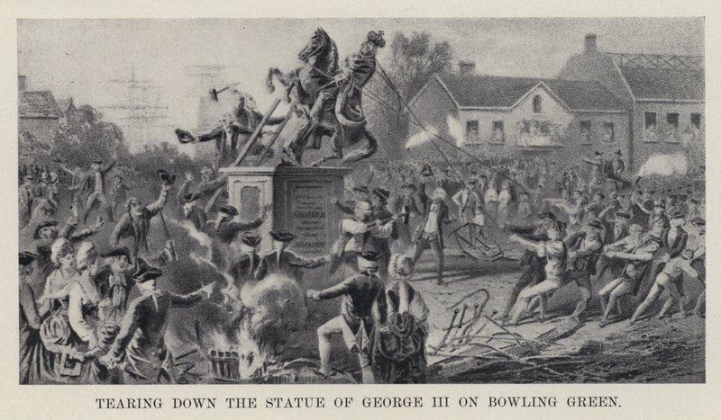 Å rive ned statuen av George III på Bowling Green (litho) av American School