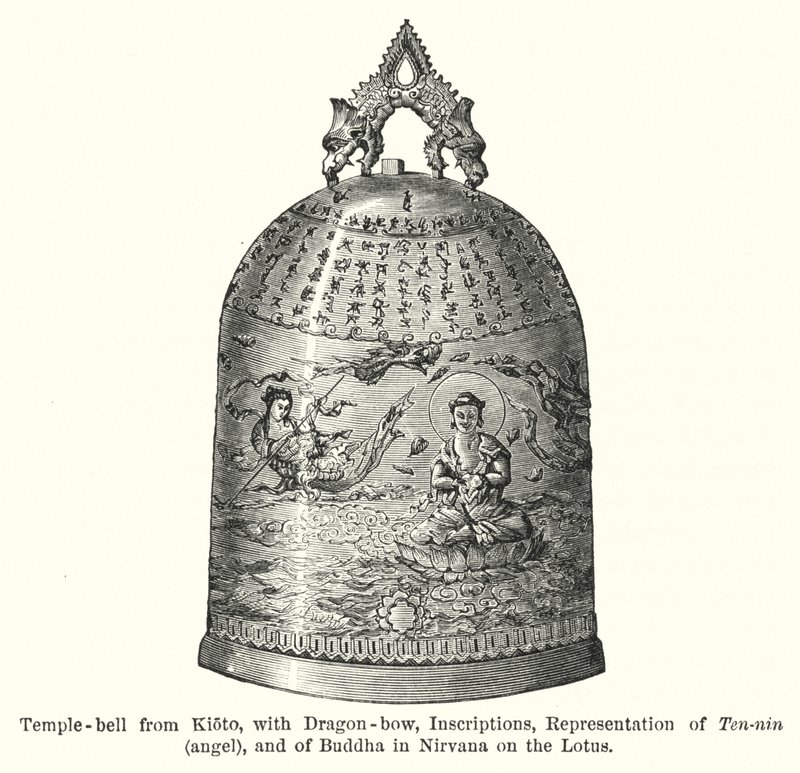 Tempelklokke fra Kioto, med dragebue, inskripsjoner, representasjon av Ten-nin, engel og Buddha i Nirvana på Lotus (gravering) av American School