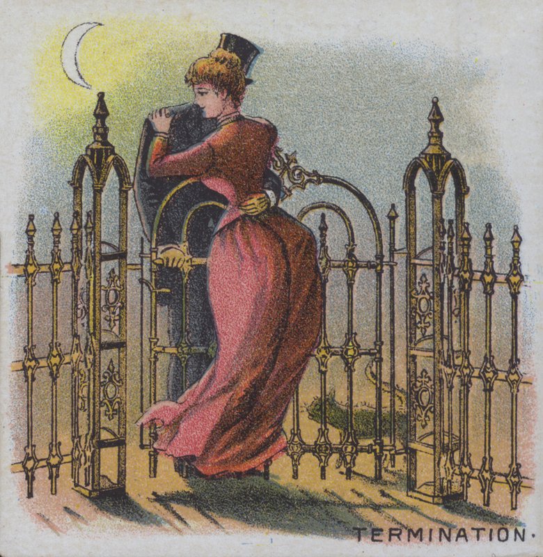 Oppsigelse - et par som omfavnes ved en hageport på slutten av dagen (farge litho) av American School