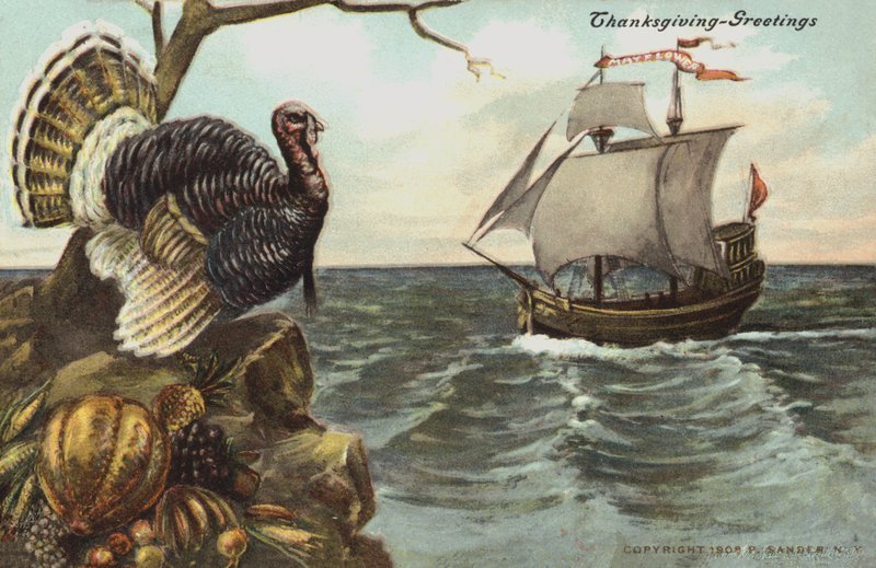 Thanksgiving-hilsenskort (fargelitografi) av American School