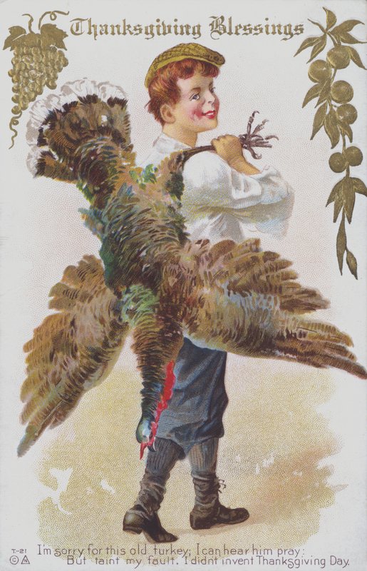 Thanksgiving-hilsenskort som viser en mann med en kalkun. (chromolitho) av American School
