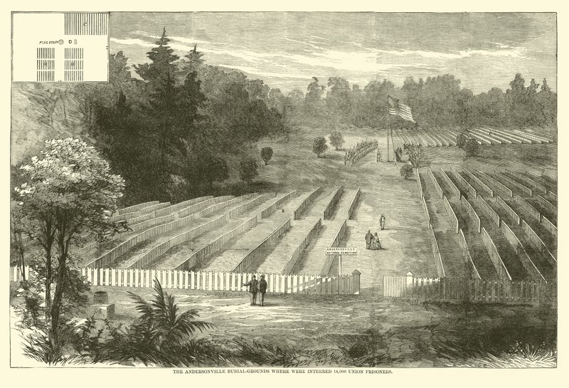Gravplassen i Andersonville hvor 14 000 unionsfanger ble gravlagt, mai 1865 av American School