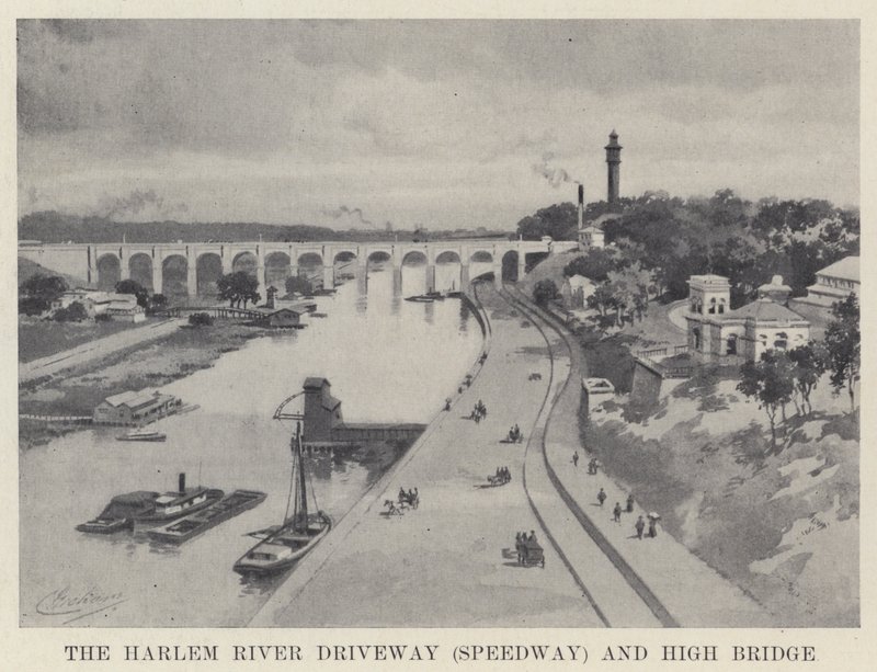 Harlem River Driveway (Speedway) og High Bridge (s/hv-bilde) av American School