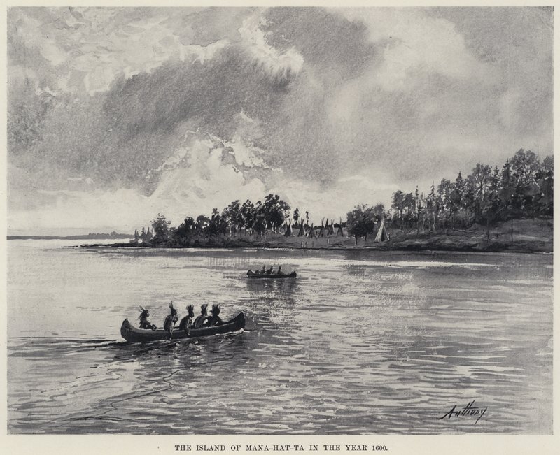 Øya Mana-hat-ta i år 1600 (litho) av American School