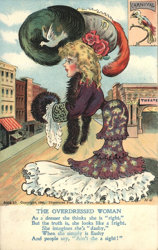 Den overkledde kvinnen (farge litho) av American School
