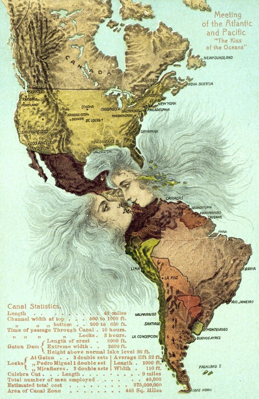 Panamakanalen, Stillehavet og Atlanterhavet kysser (farge litho) av American School