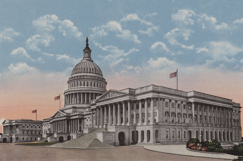 Den amerikanske kongressbygningen, Washington DC (fargelitografi) av American School