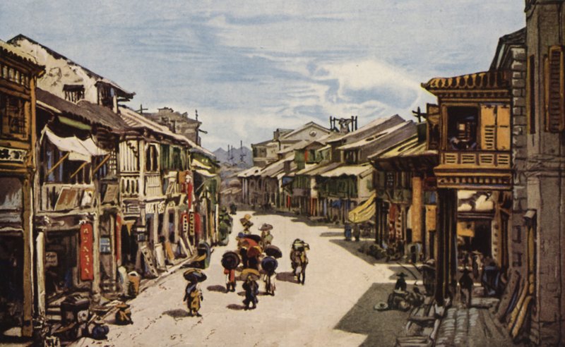 Det opprinnelige kvarteret i Hong Kong (farge litho) av American School