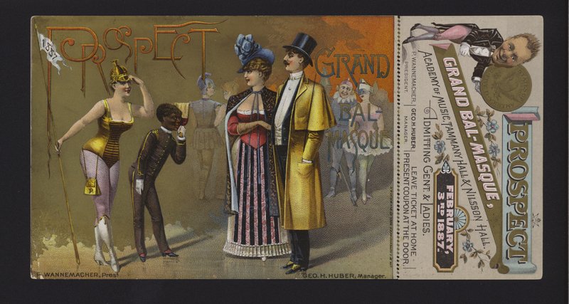Billett og kupong til Prospect Associations store maskeball på Academy of Music, Tammany Hall og Nilsson Hall, New York (chromolitho) av American School