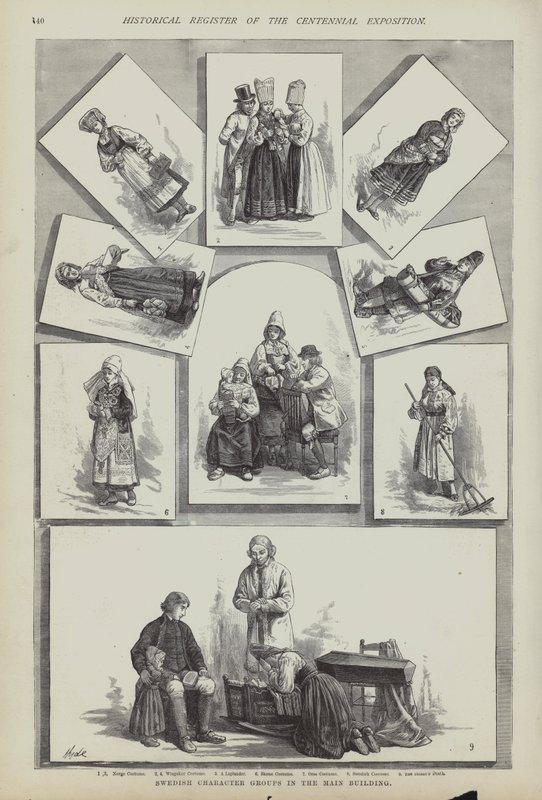 Tradisjonelle svenske kostymer, Centennial Exposition, Philadelphia, Pennsylvania, USA av American School