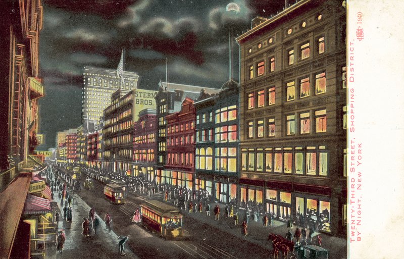 Shoppingdistriktet Twenty-Third Street, New York, om natten (fargelitografi) av American School