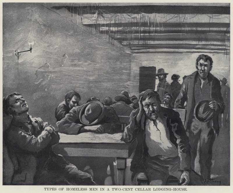 Typer hjemløse menn i et to-cents kjellerhus (litho) av American School