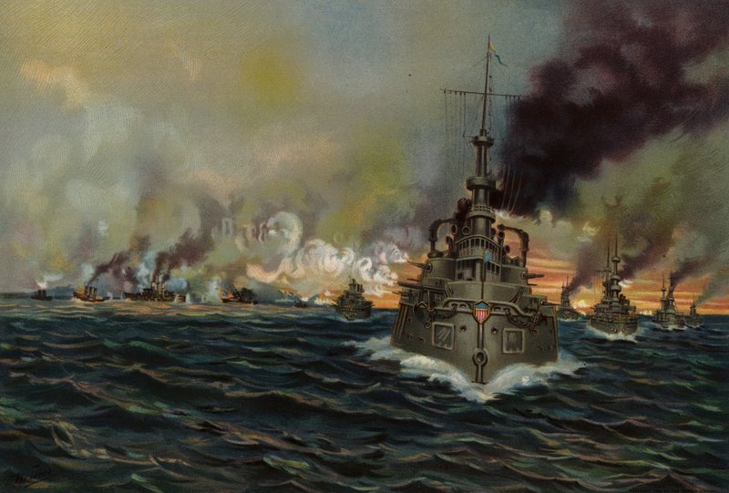 US Navy, sjøslag ved Santiago, 3. juli 1898 (farge litho) av American School