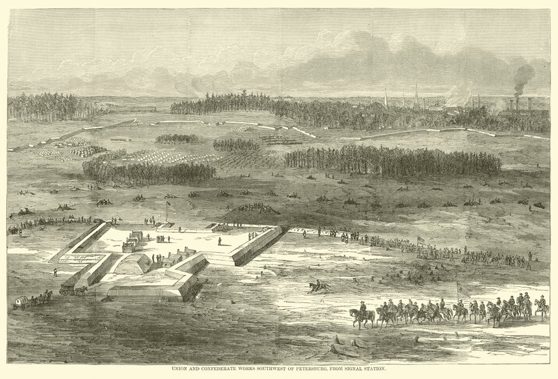 Union and Confederate arbeider sørvest for Petersburg, fra signalstasjonen, mars 1865 av American School