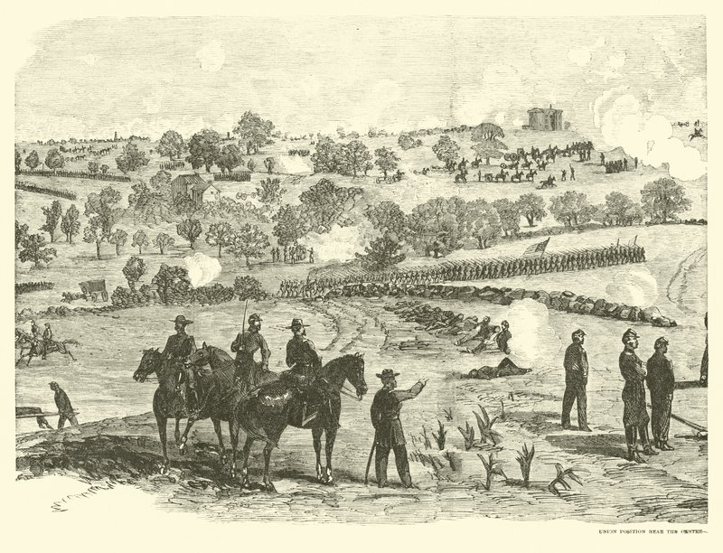 Unionsposisjon nær sentrum, slaget ved Gettysburg, 2. juli, juli 1863 av American School