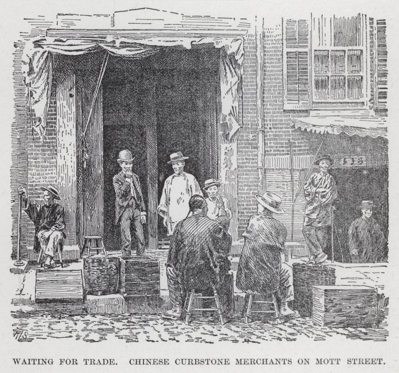Venter på handel, kinesiske kantsteinshandlere på Mott Street (litho) av American School