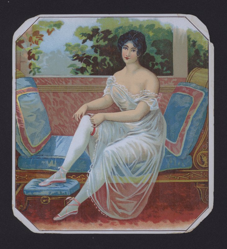 Kvinne i negligé, sigaretikett (chromolitho) av American School