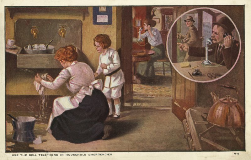 Kvinne som ringer en rørlegger (farge litho) av American School